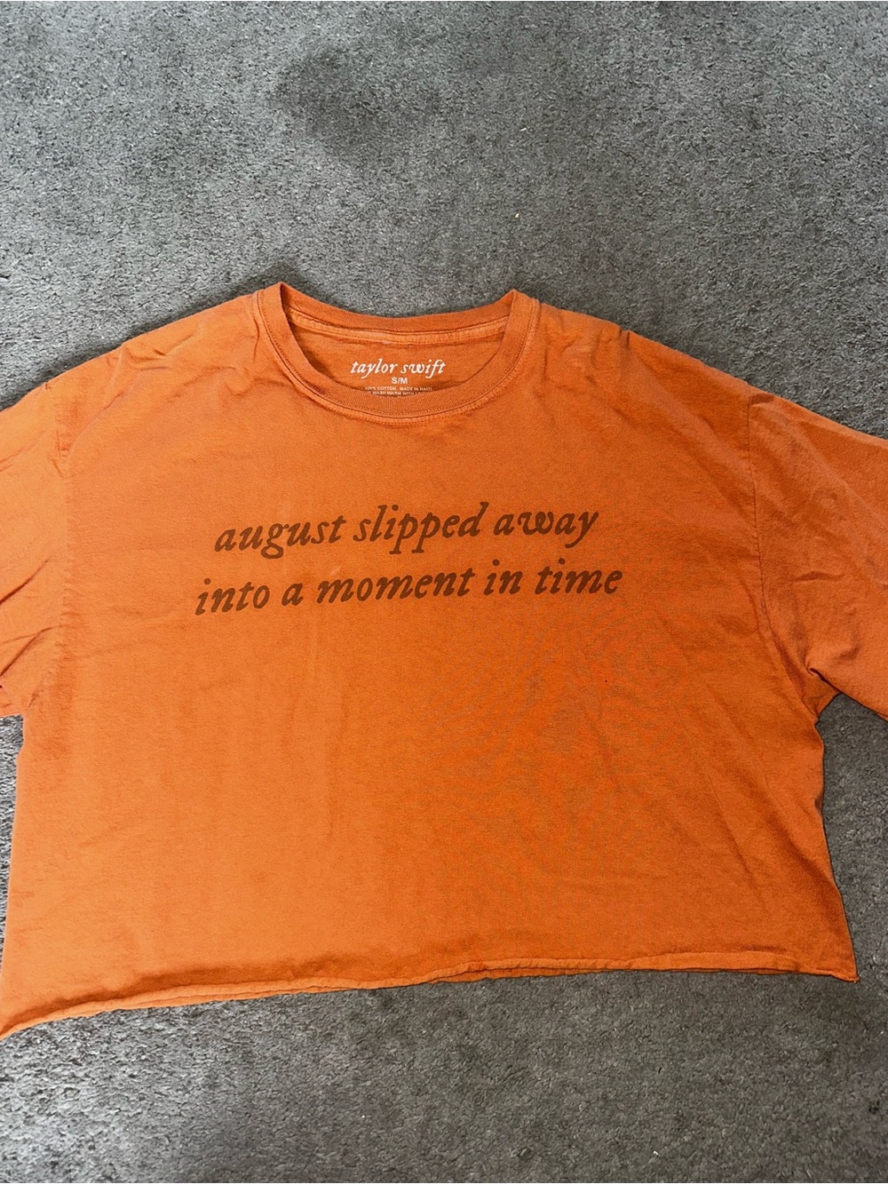 Taylor Swift Orange Short Sleeve Crop Tee with "august slipped away" Script